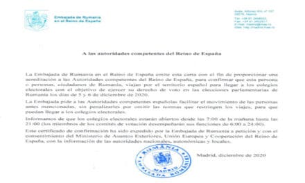 Document necesar deplasării fără restricții a cetățenilor români către/de la secțiile de votare din Spania