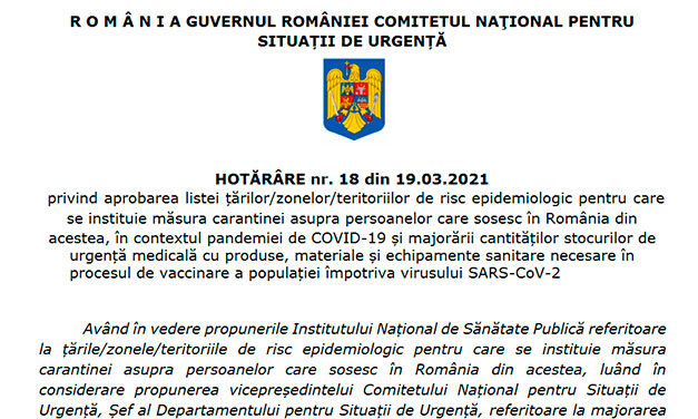 Spania, scoasă de pe lista ţărilor pentru care se impune carantina la sosirea în România, conform Hotărârii nr. 18 din 19.03.2021 a CNSU