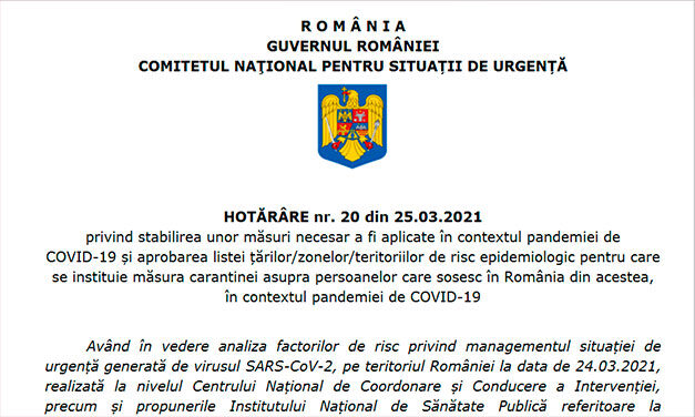 Actualizată lista țărilor/zonelor de risc epidemiologic ridicat, conform Hotărârii nr. 20 din 25.03.2021