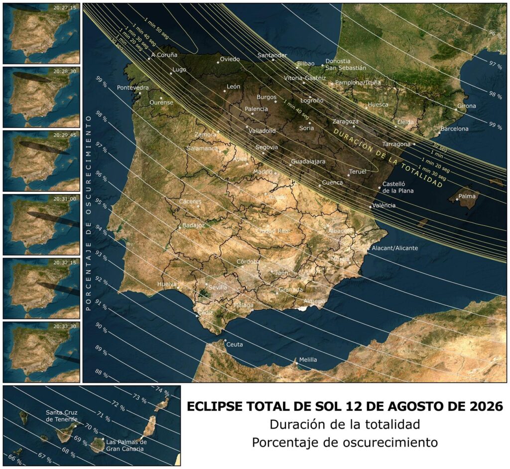 Eclipsa totală de Soare în Spania: cele mai bune locuri de observare și prognoza meteo: banda de totalitate 12 august 2026 spania